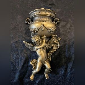 VINTAGE ANGEL CHERUB 1975 VICTORIAN GOLD WALL POCKET HOLLYWOOD REGENCY